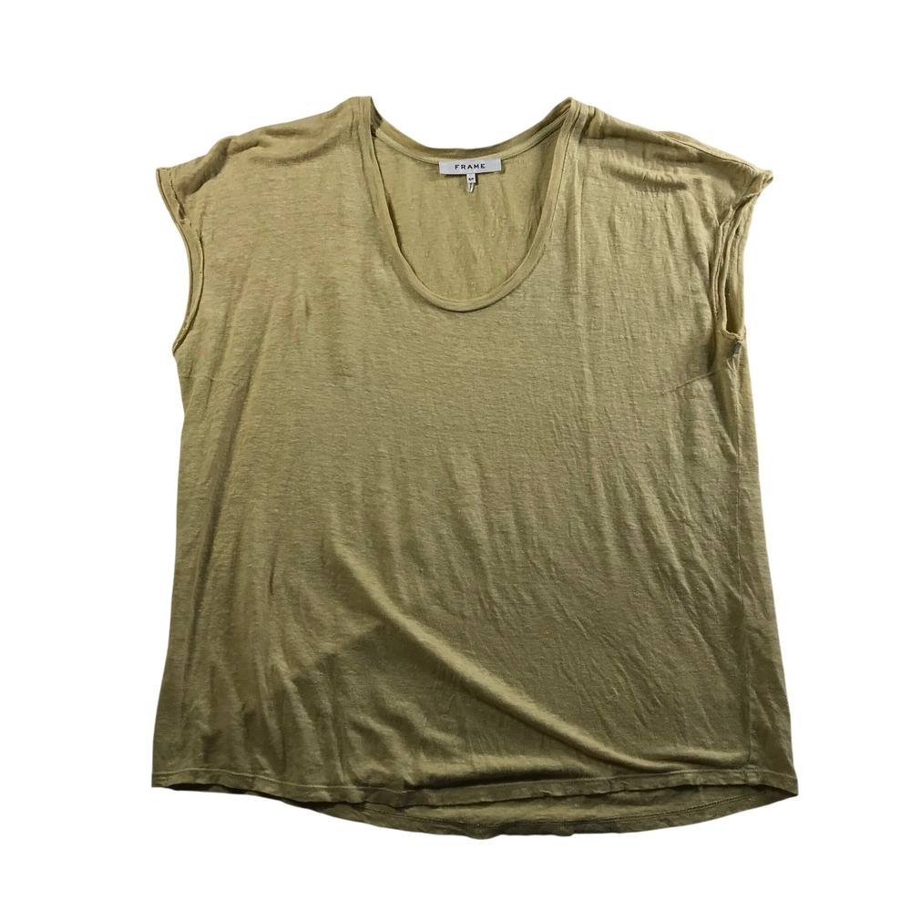 FRAME Organic Linen Scoop Neck Cap Sleeve Top Yellow LWTS1067 Small